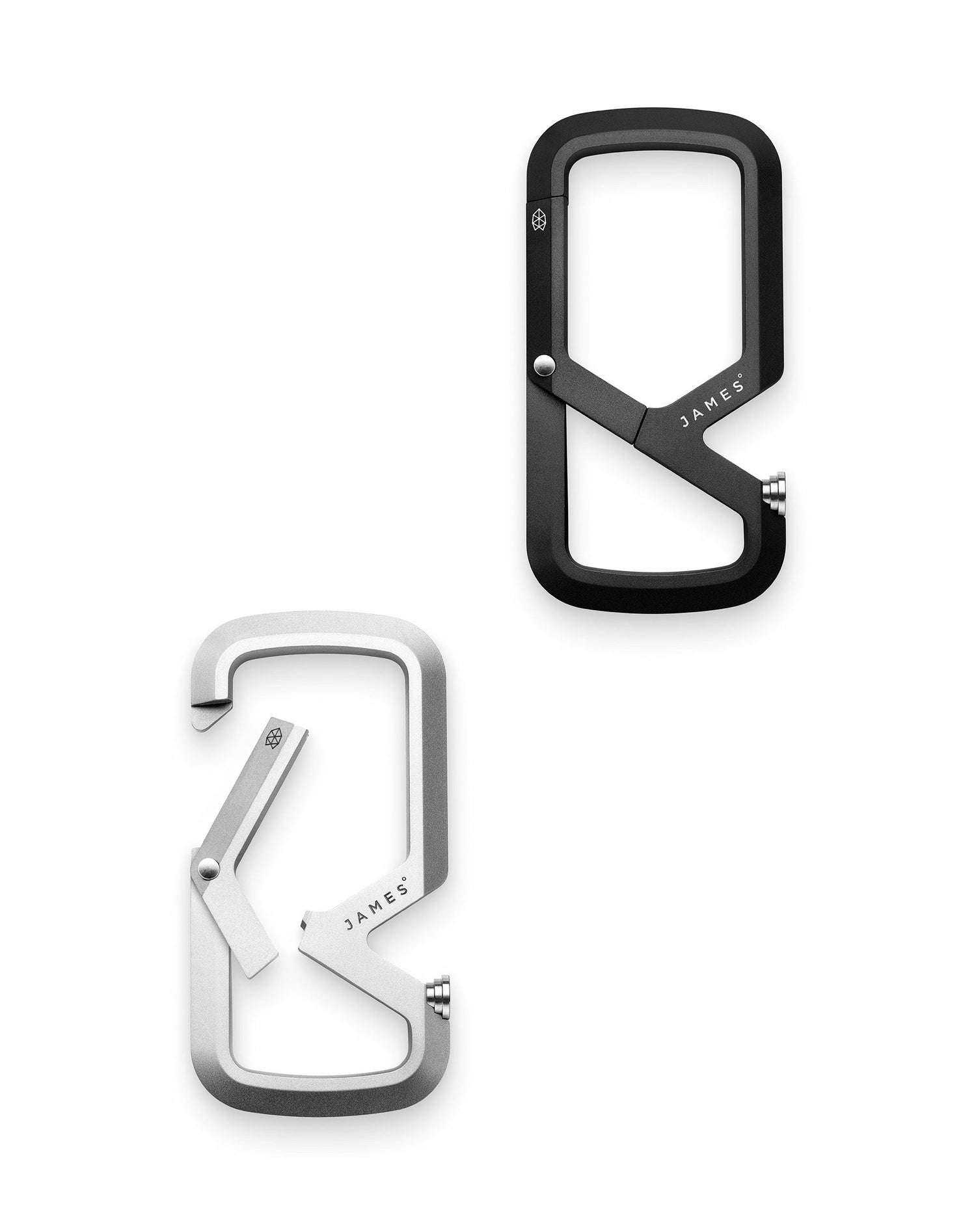 The Mehlville EDC keychain carabiner in stainless steel and black.