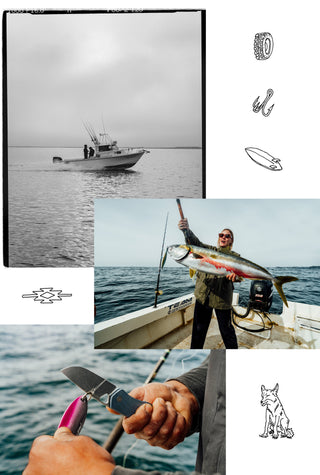 A collage of fishing photos and illustrations.