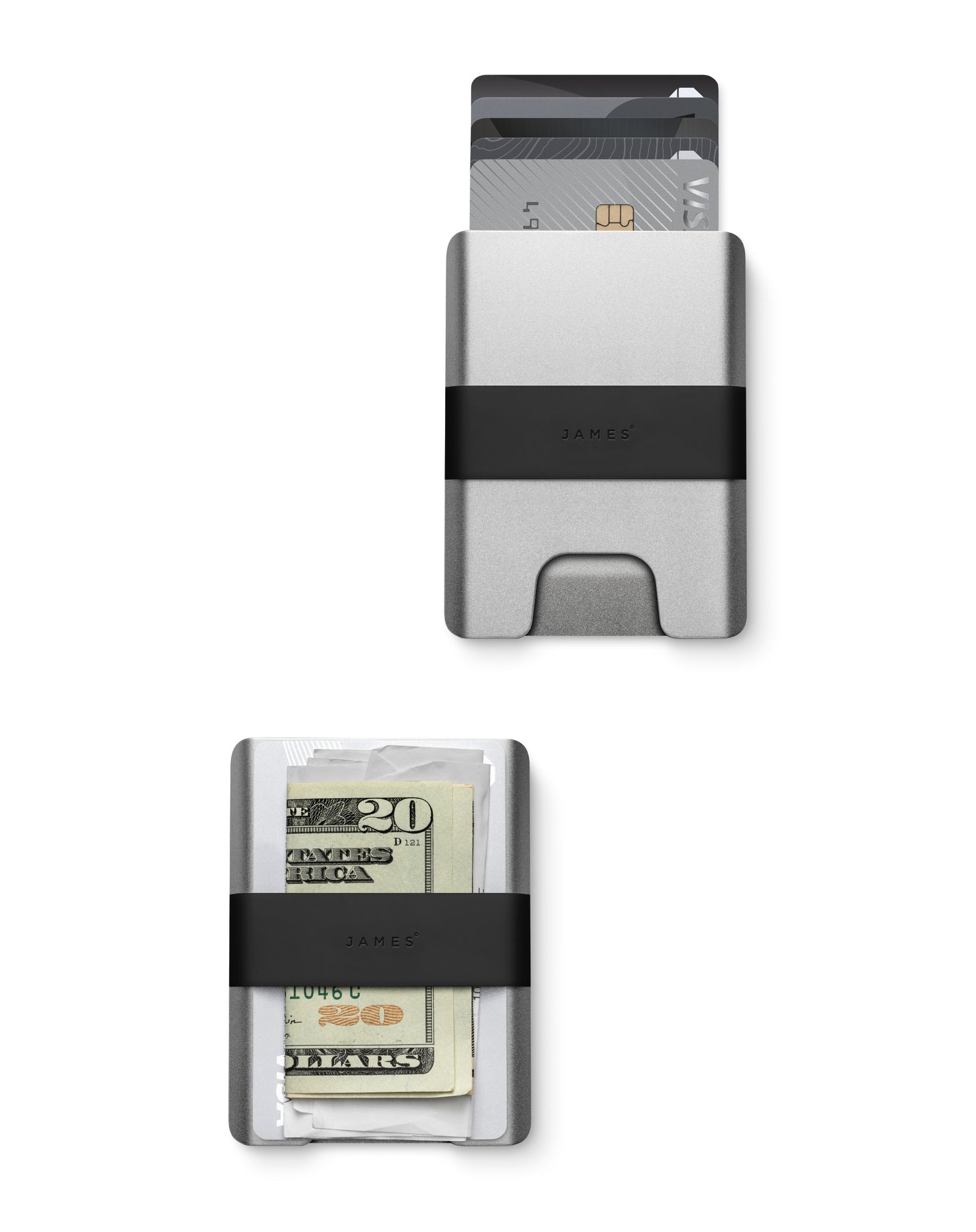 The Lowe minimalist card holder wallet in silver and black two up.