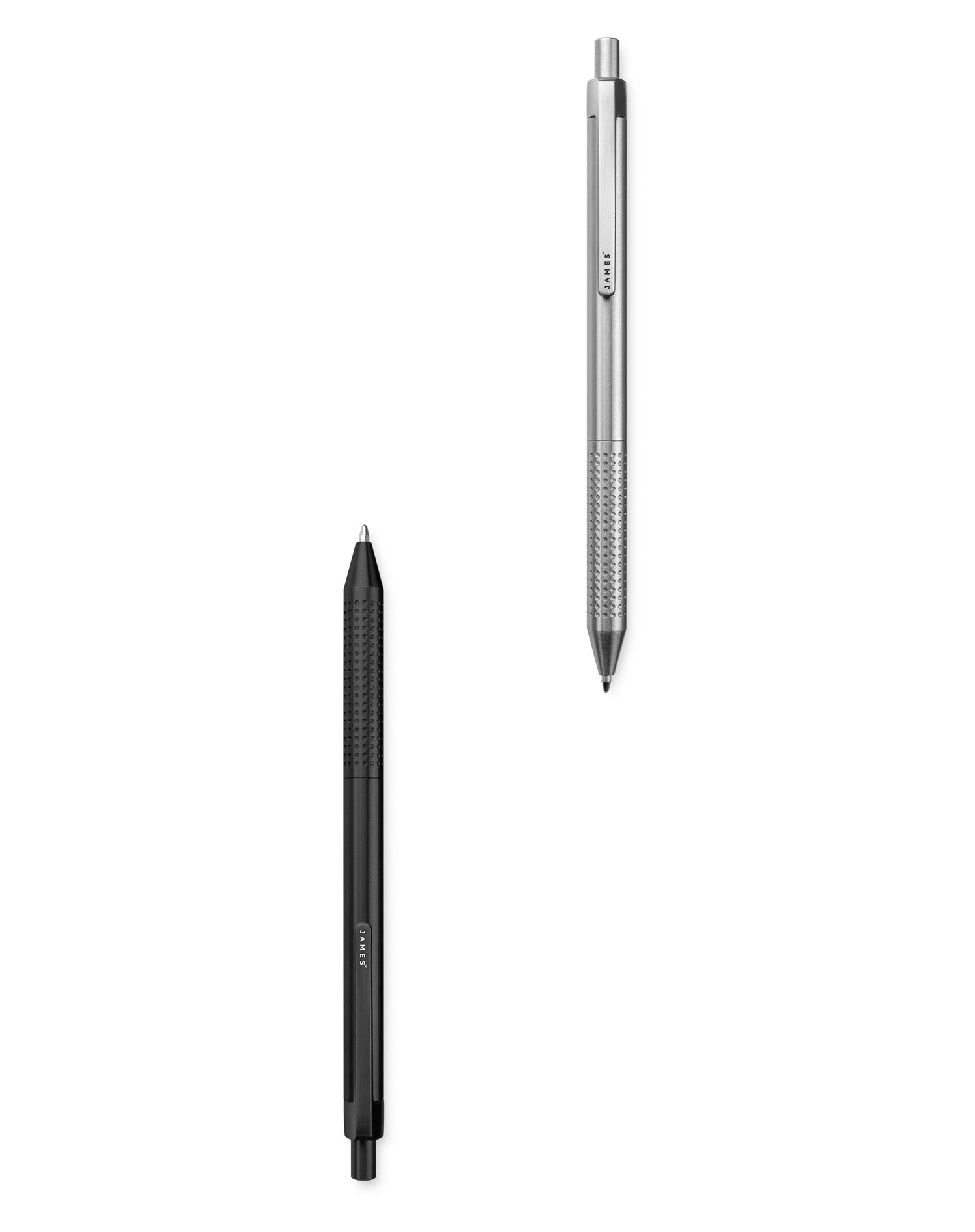 The Burwell EDC click pen full length exterior image in stainless and black colors.