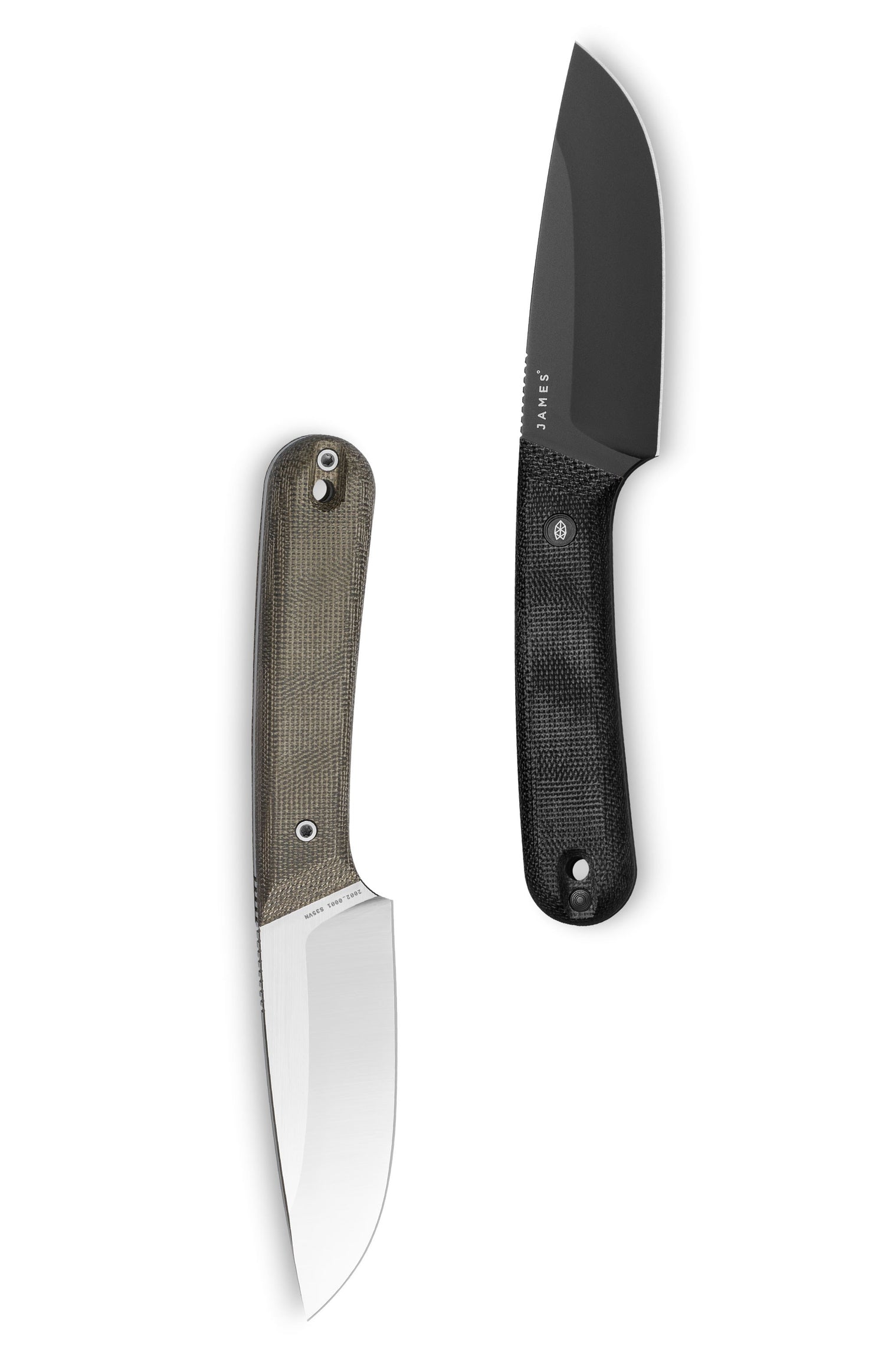Two Hell Gap fixed blade camping knives vertically orientated. 