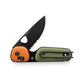 The Redstone EDC folding slide lock pocket knife with OD green and orange case and black serrated blade.