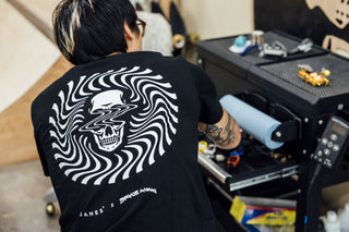 Artist Bryce Wong wearing his James Brand collaboration t-shirt.