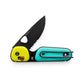 The Redstone slide lock pocket knife in turquoise and neon.