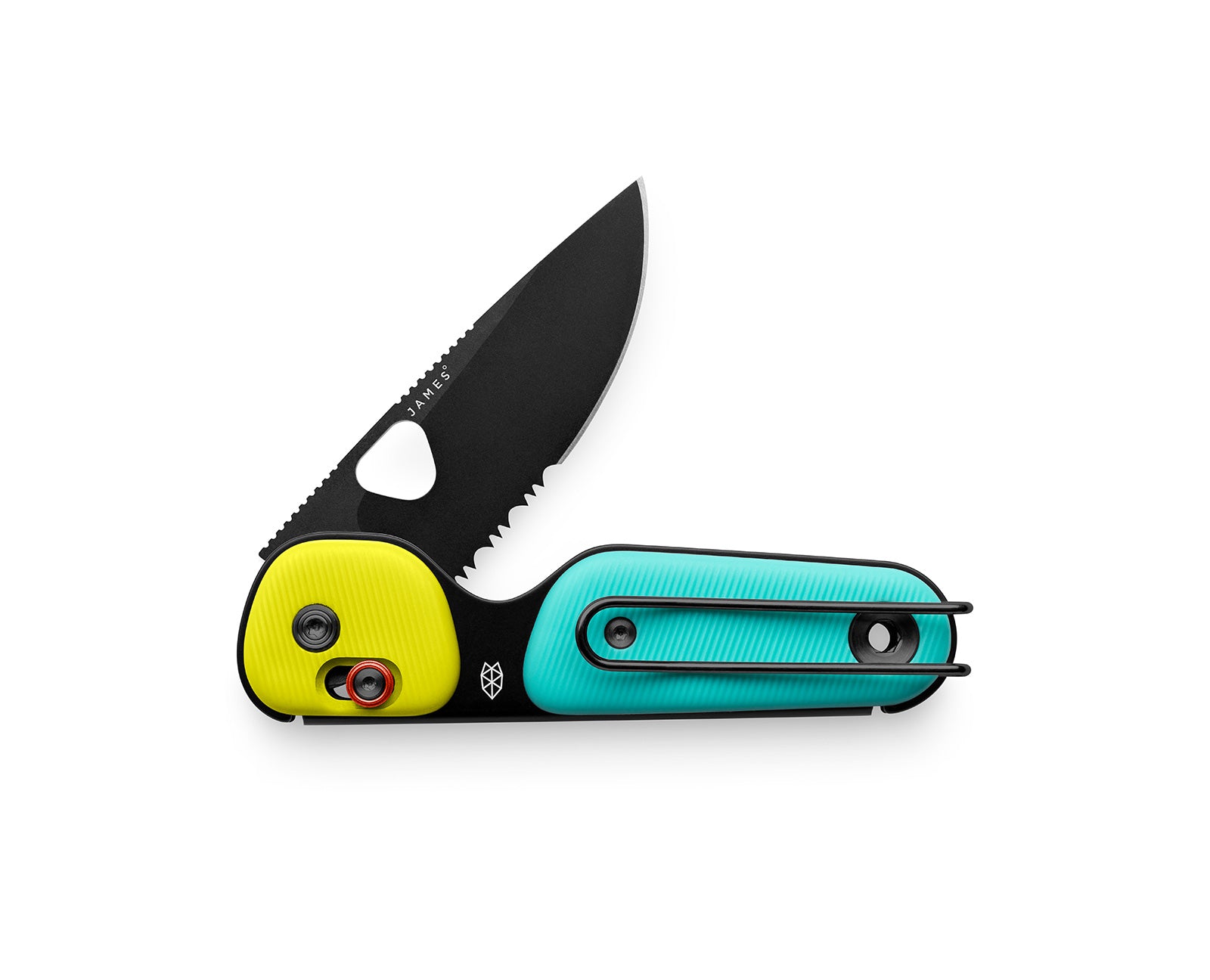 The Redstone slide lock pocket knife in turquoise and neon.