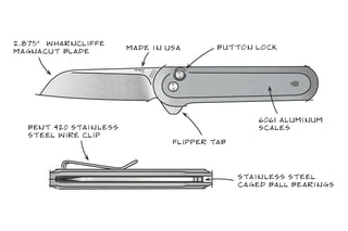 A sketch of the made in the USA Wells EDC button lock folding pocket knife in raw aluminum and Magnacut steel.