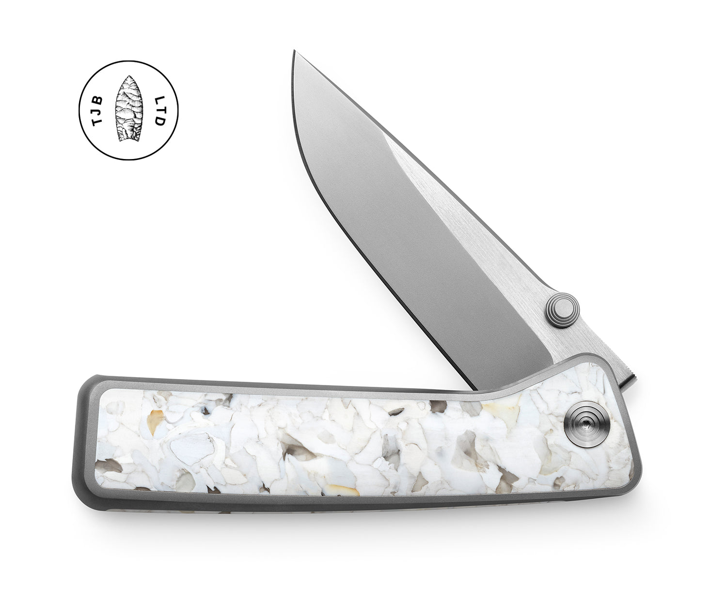 The Barnes integral titanium EDC folding pocket knife with heron scale.