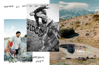 A collage of skateboarders at the Nude Bowl in the California desert with scribbles on top.