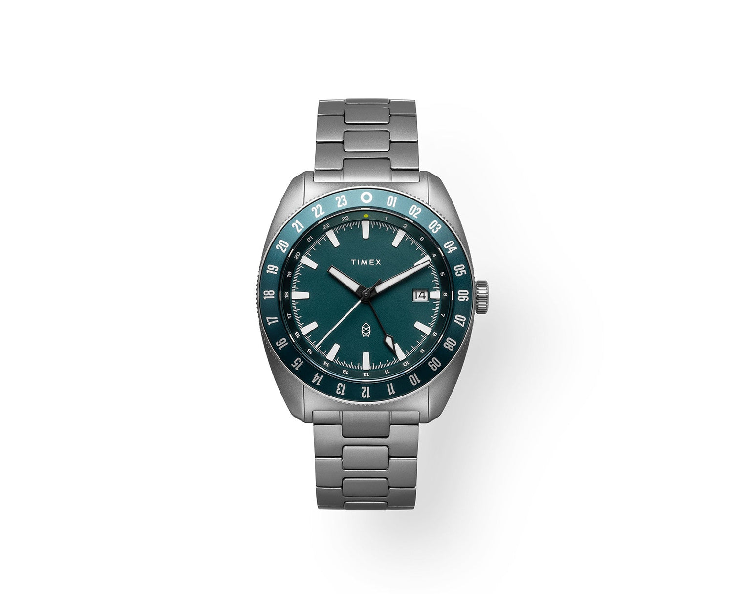 Timex watch with a silver bracelet and emerald dial on a white background.