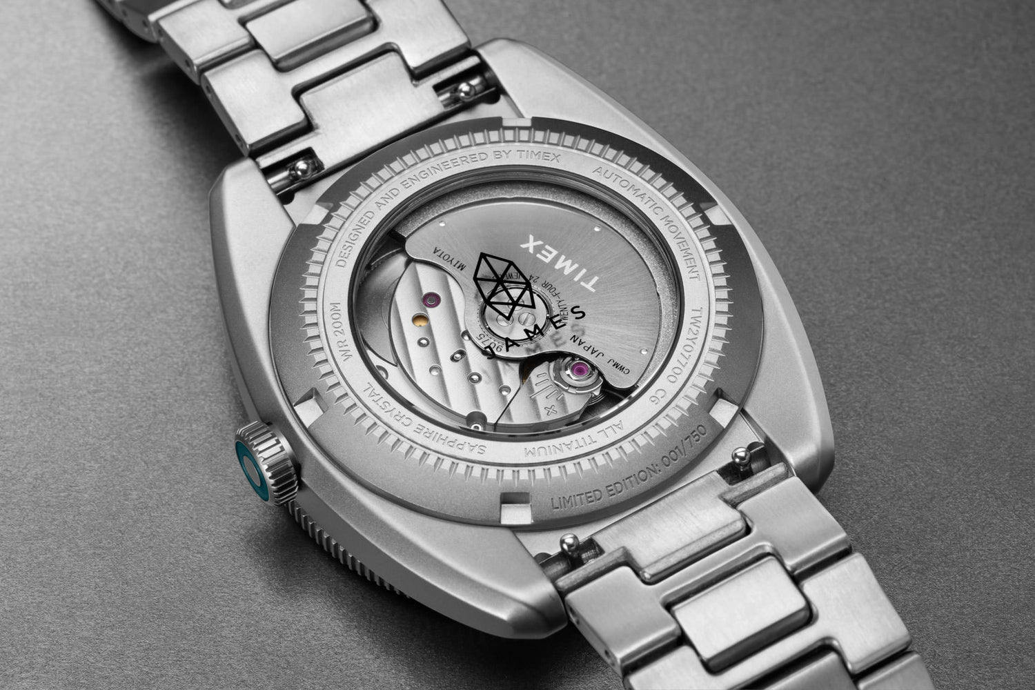 The back of the emerald and titanium James x Timex Automatic GMT watch.