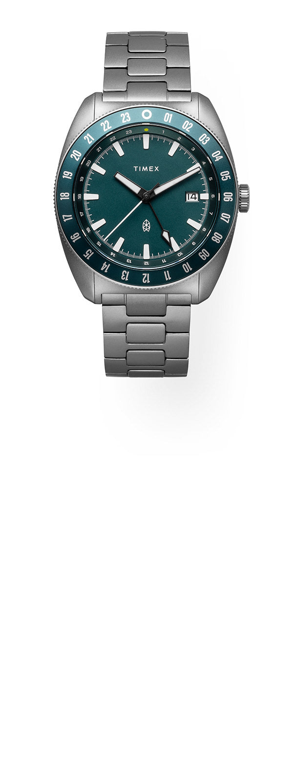 The James x Timex GMT titanium watch in Emerald.