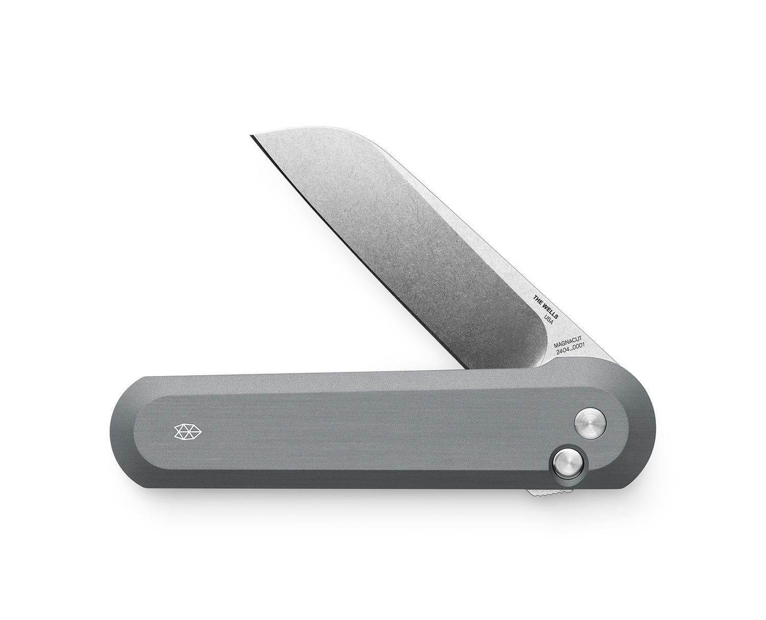 The made in the USA Wells EDC button lock folding pocket knife in raw aluminum and Magnacut steel. 