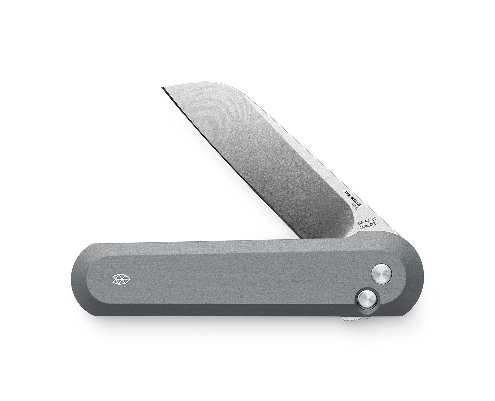 The made in the USA Wells EDC button lock folding pocket knife in raw aluminum and Magnacut steel. 