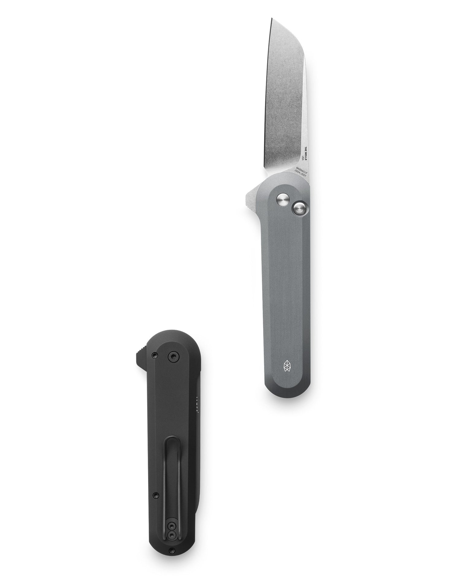 Two made in the USA Wells EDC button lock folding pocket knives in raw aluminum and Magnacut steel with one opened and one closed. 