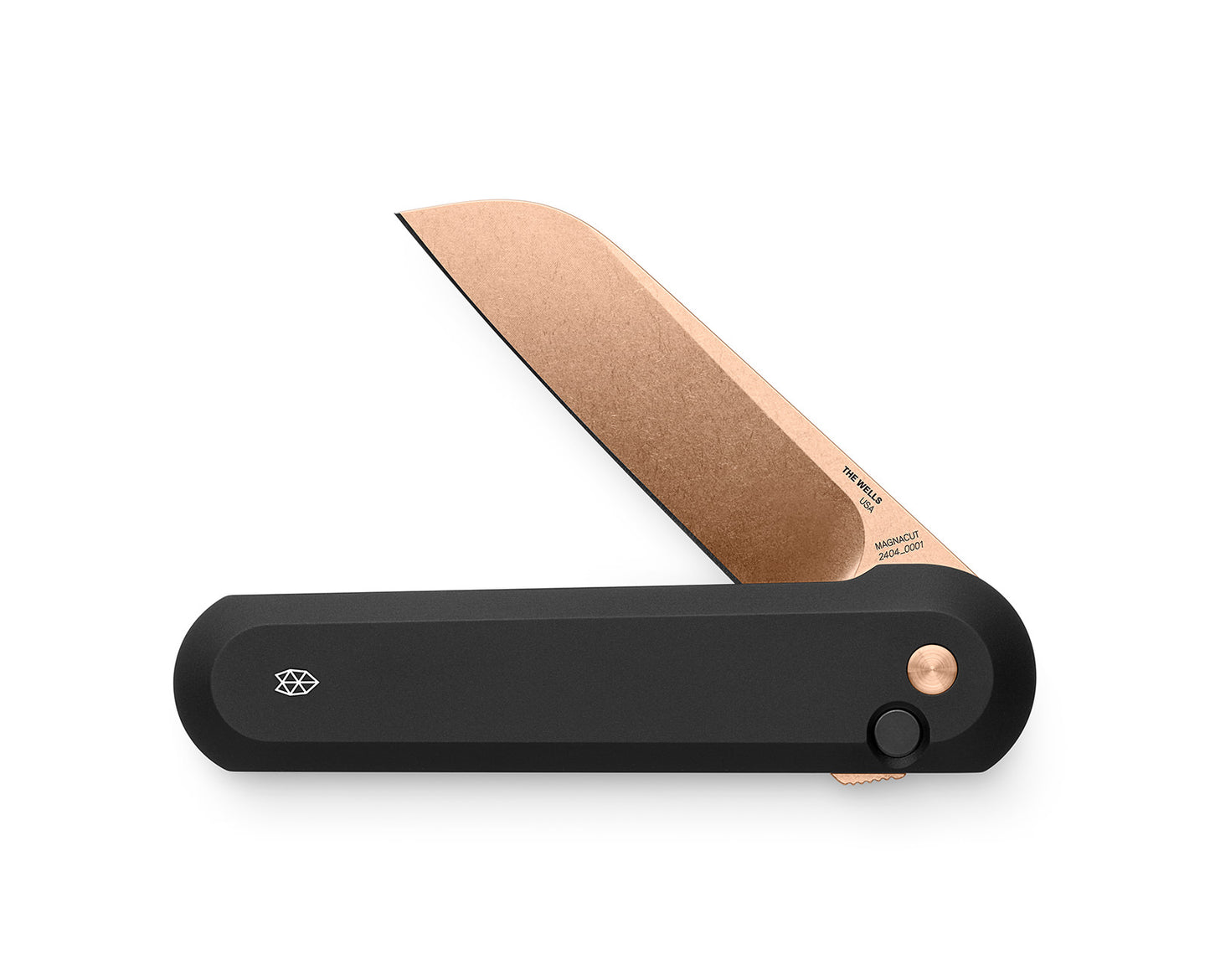 The Wells made in the USA Wells EDC folding pocket knife with a Magnacut blade in black and rose gold.