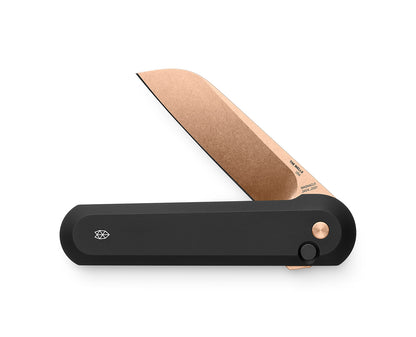 The Wells made in the USA Wells EDC folding pocket knife with a Magnacut blade in black and rose gold.