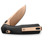 The Carter EDC pocket knife with a rose gold blade and black handle.