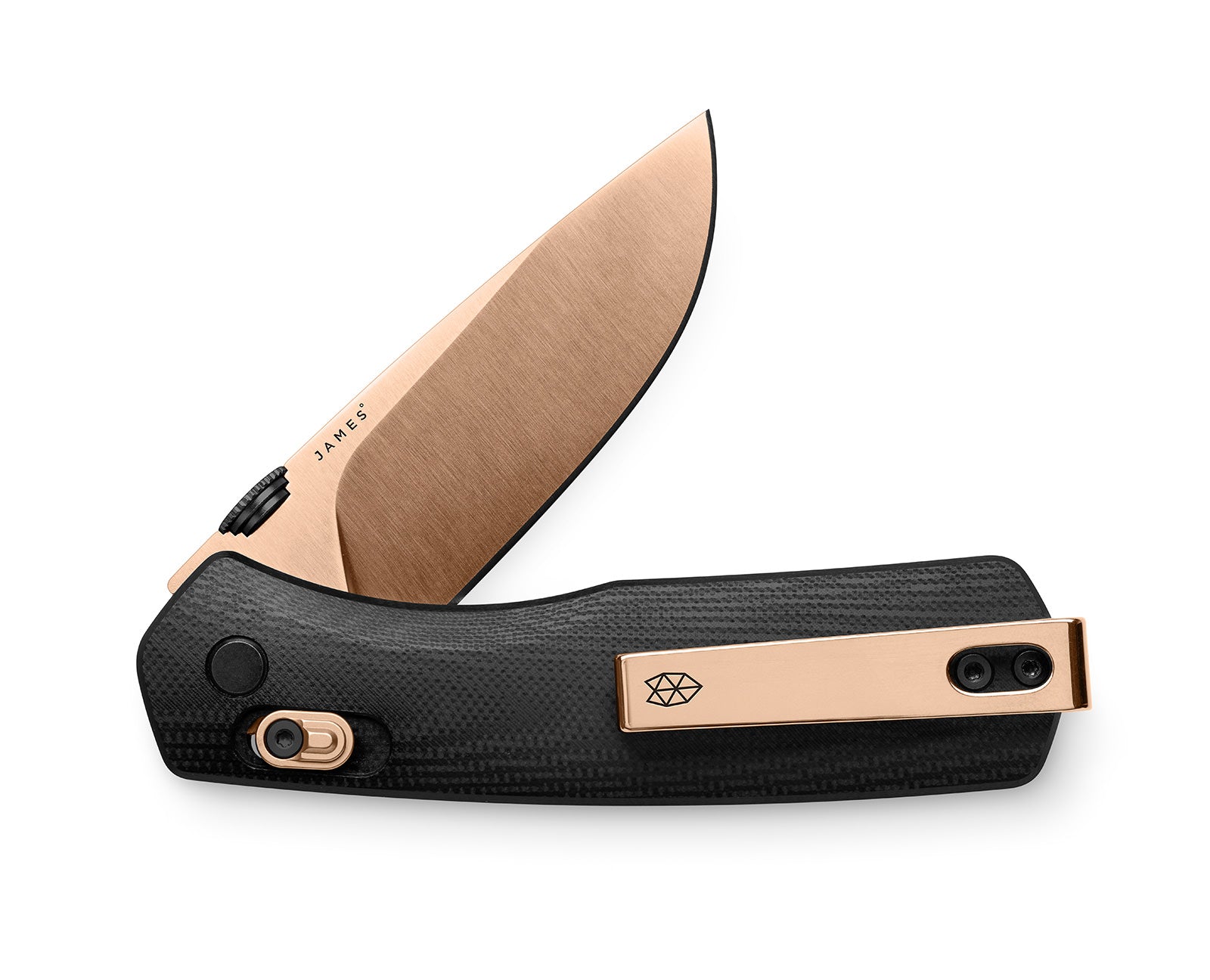 The Carter EDC pocket knife with a rose gold blade and black handle.