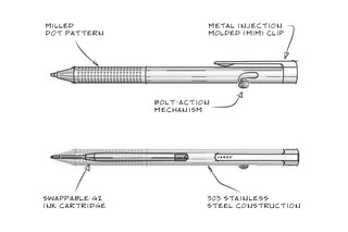 A drawing of the details of the Kent bolt-action pen.