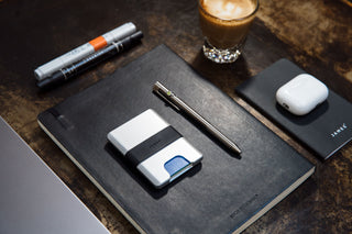 A lay down of the Lowe wallet on a desk.