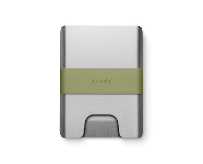 The Lowe minimalist card holder wallet in silver and grove.