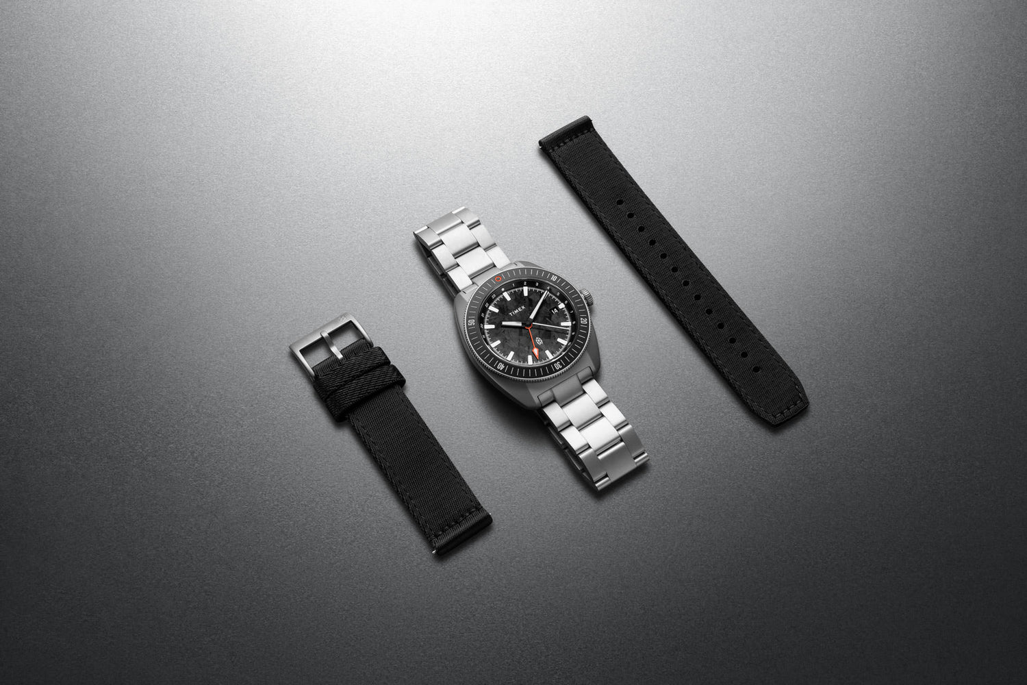 The James x Timex Automatic GMT watch with alternative straps.