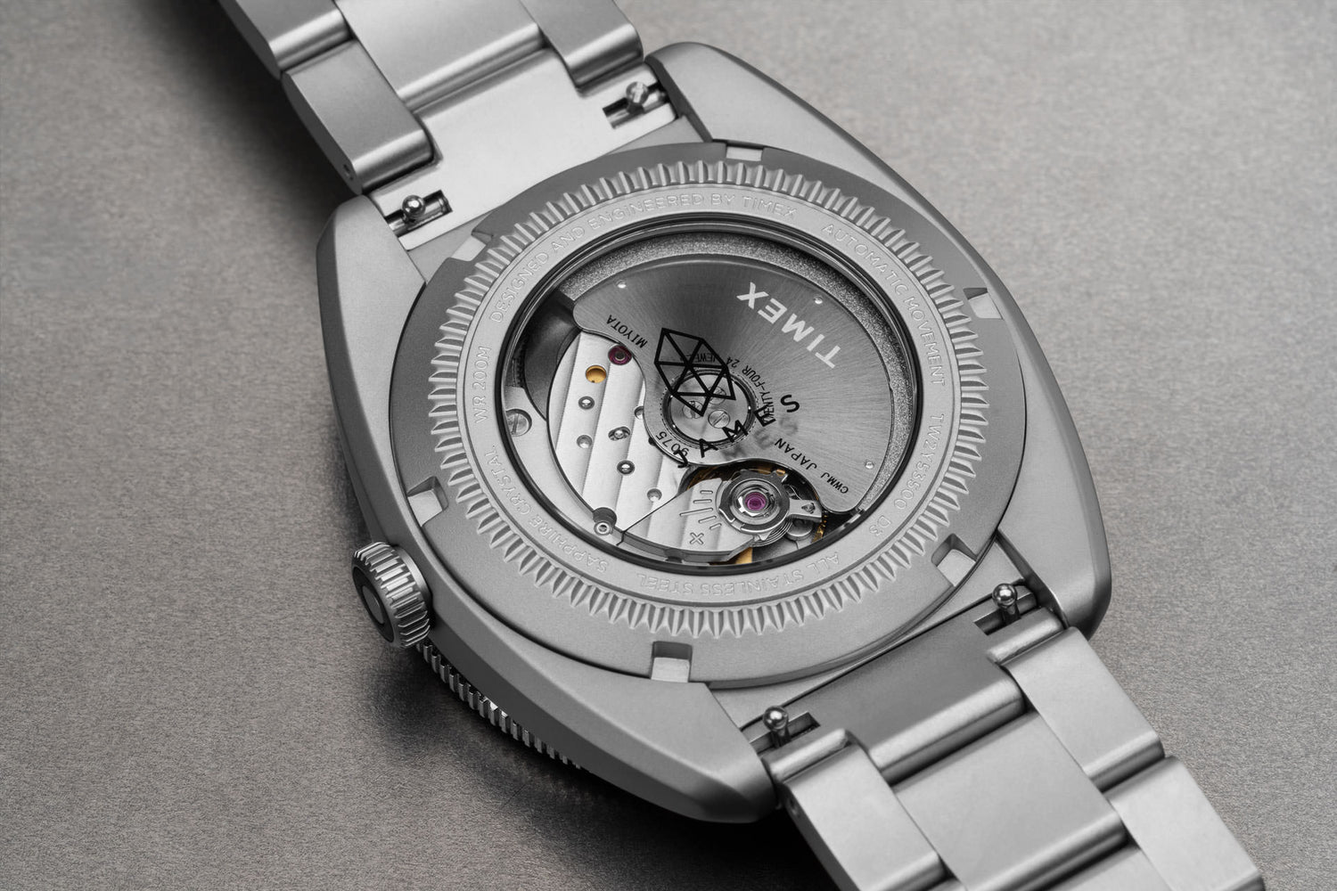 The back of the case on The James x Timex Automatic GMT watch.