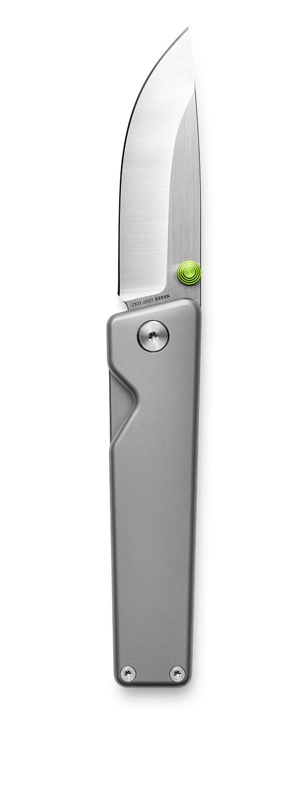 The titanium Chapter 2 EDC frame lock titanium folding pocket knife vertical on a white background.