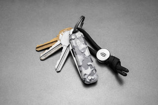 The Elko EDC keychain folding pocket knife with eco acetate scales on a keychain.