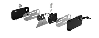 An exploded view of the parts of the Palmer utility box cutter knife. 