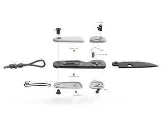 An exploded view of the parts of the Redstone EDC slide lock folding pocket knife.