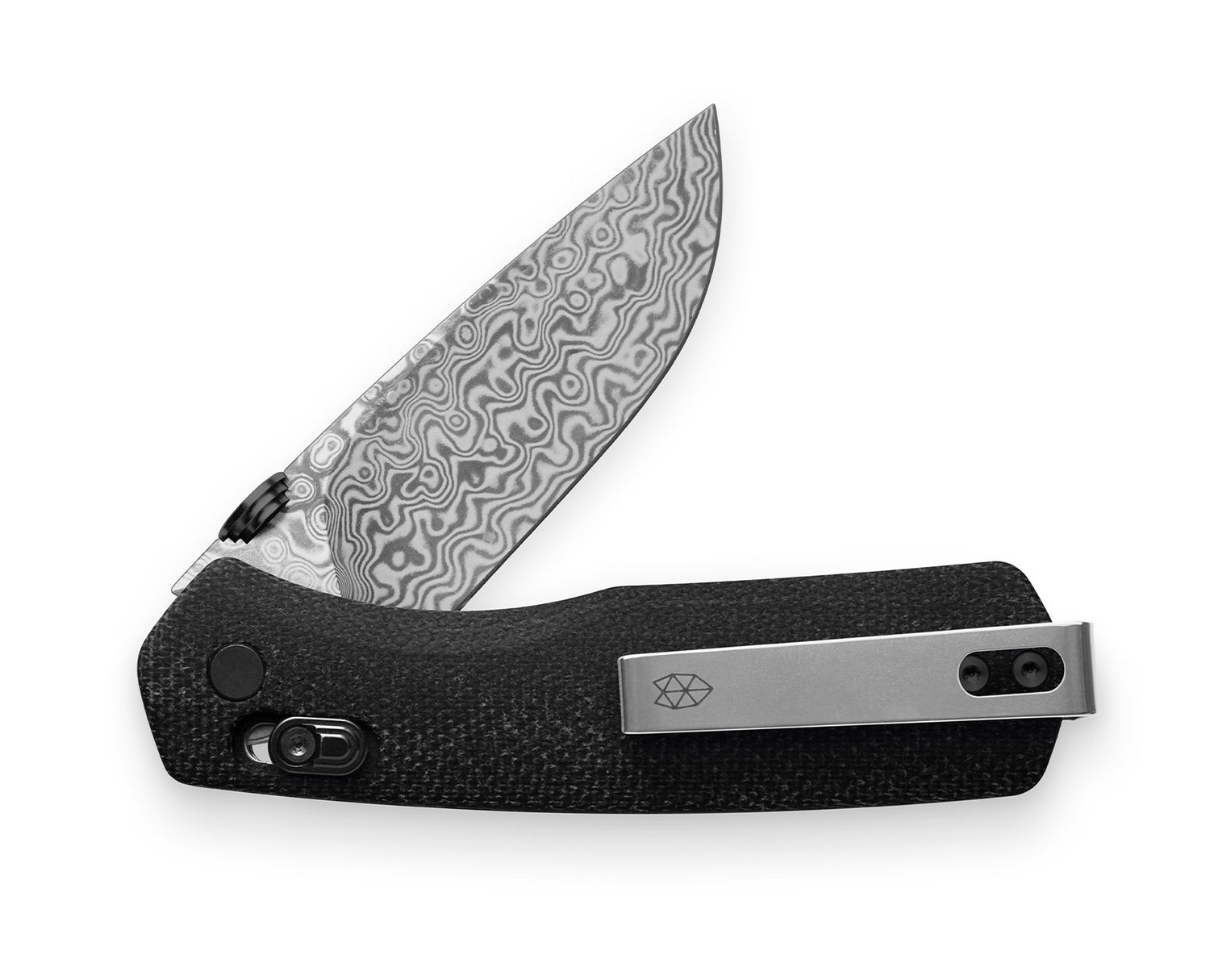 The Carter EDC slide lock folding pocket knife with black micarta handle and a Damascus blade.