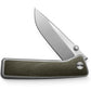 The Barnes integral titaniums EDC frame lock folding pocket knife with OD Green handle and stainless steel blade. 