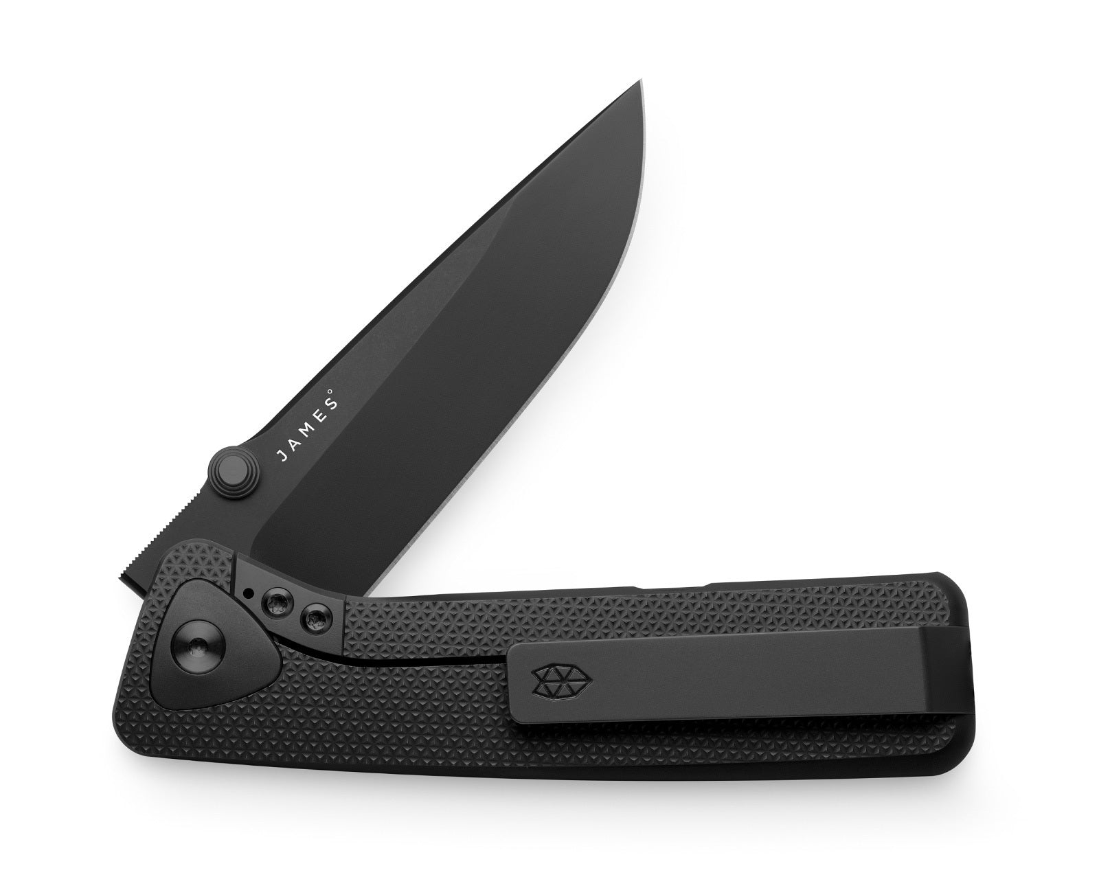 The Barnes integral titanium EDC folding frame lock pocket knife with black handle and black blade.
